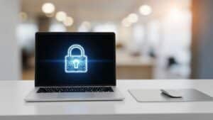 Laptop displaying a digital lock symbol, representing data protection and security in utility cloud solutions.