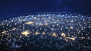 Global network connectivity illustration with illuminated cities, representing cloud solutions and modern infrastructure for utilities.